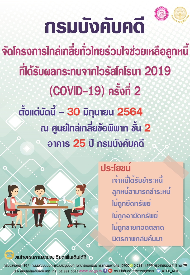 ﻿กรมบังคับคดี จัดโครงการไกล่เกลี่ยทั่วไทยร่วมใจช่วยเหลือลูกหนี้ที่ได้รับผลกระทบจากไวรัสโคโรนา 2019 (COVID-19) ครั้งที่ 2